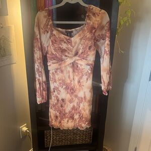 Sincerely Jules Ribbed Twist-Front Floral Midi Dress in Beige and Brown